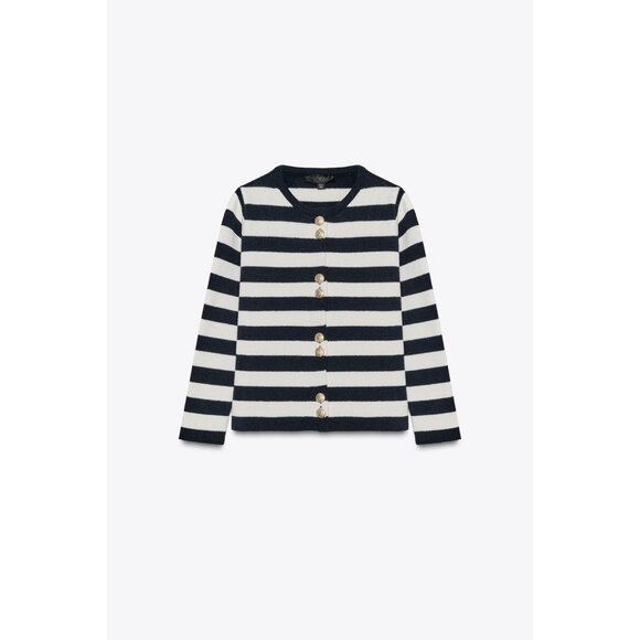 Zara Womens Cardigan Size M Navy Blue White Striped gold Button 6427/022 NWT - Picture 2 of 16